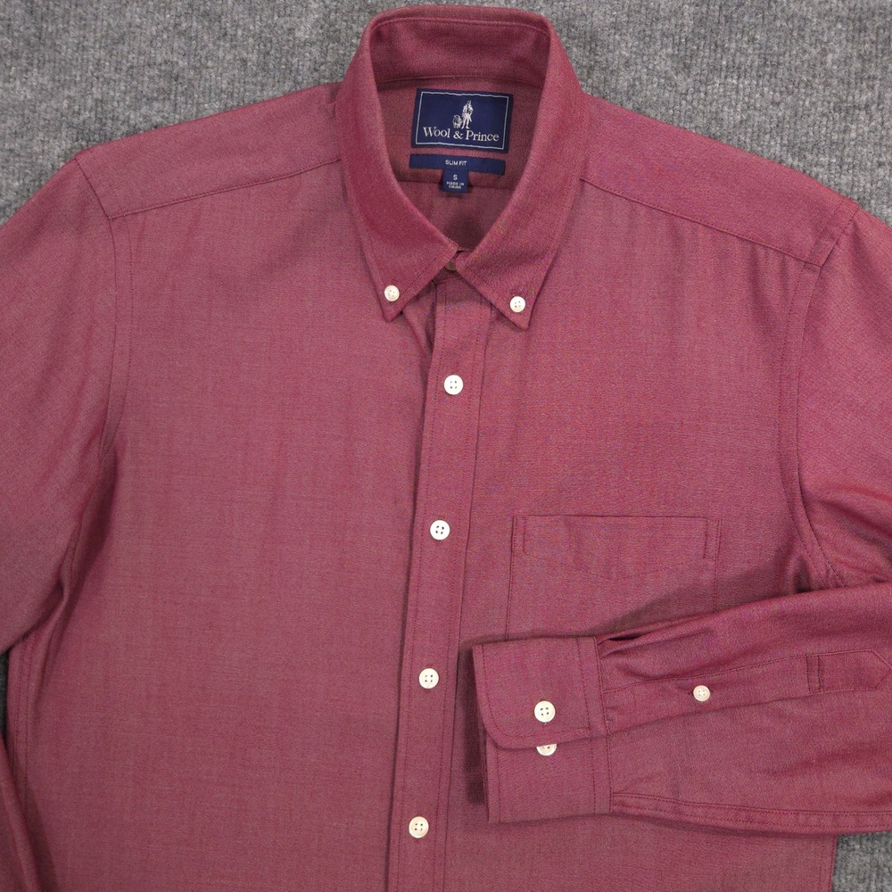 Wool & Prince Oxford Shirt Mens S Burgundy 210 GSM Merino Wool Slim Fit Preppy